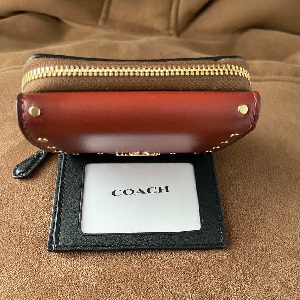 Coach Small Trifold Wallet Colorblock Signature Canvas/Leather with Rivets